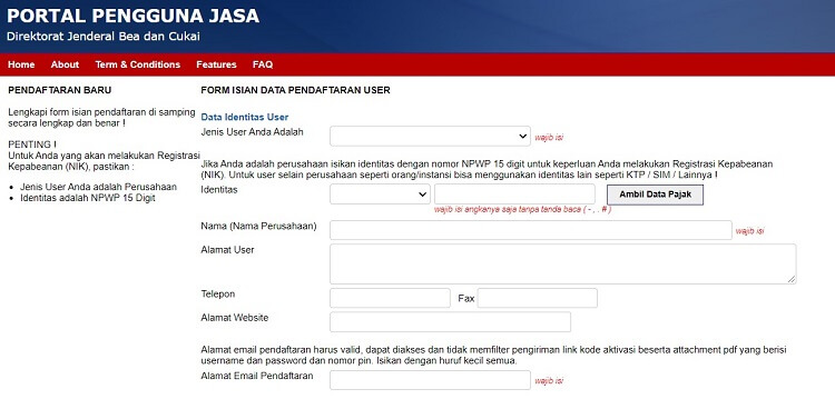 form pendaftaran pengguna jasa bea cukai